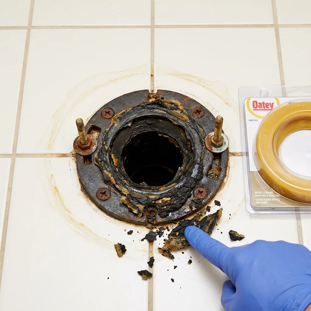 Failed wax ring showing water seepage at the base of a toilet in a Decatur, AR home